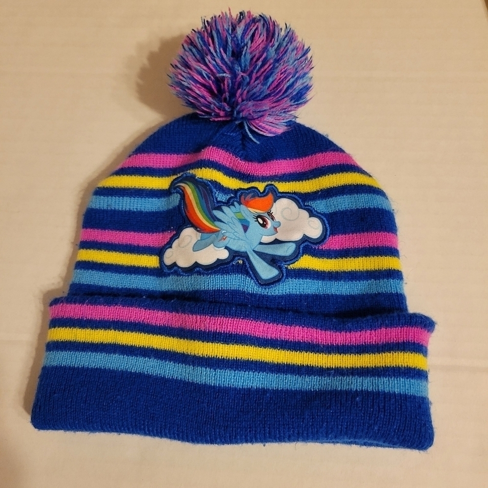Rainbow Dash Pom Pom Beanie Cap Girls Youth Size